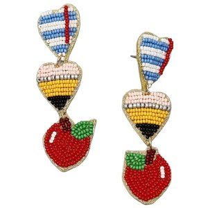 Viola Notebook Pencil Apple Heart Beaded Teacher Earrings Yellow Red NWT